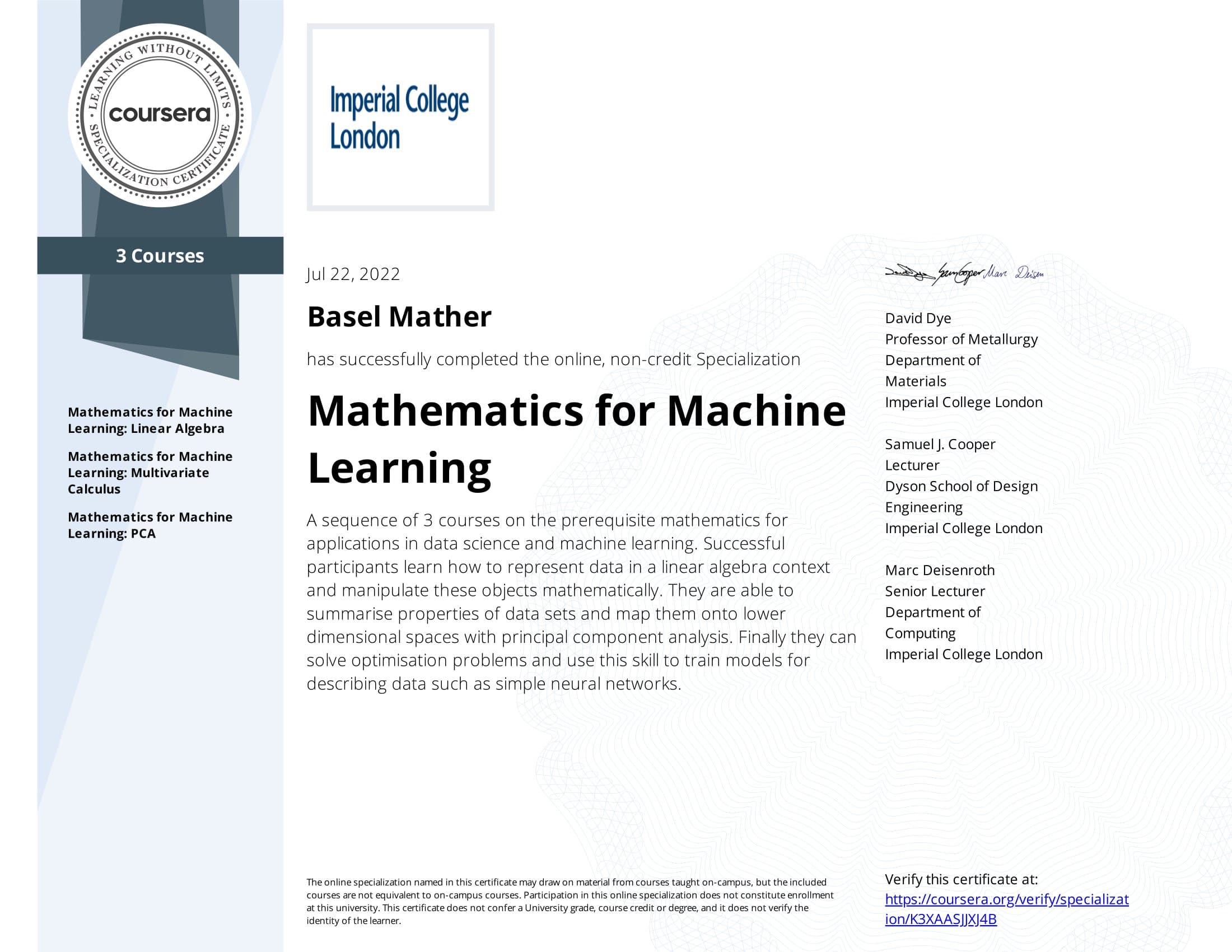 Mathematics for Machine Learning Specialization